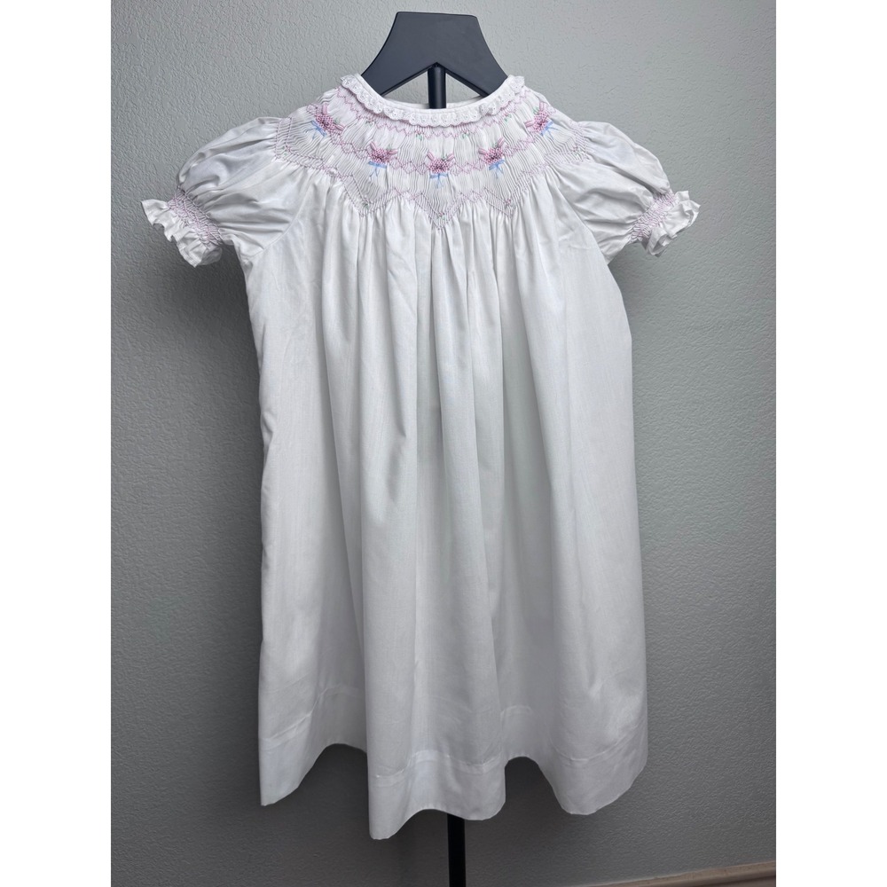 Hand Smocked by Judi Moore White Floral Embroidered Girls Dress Special Occasion